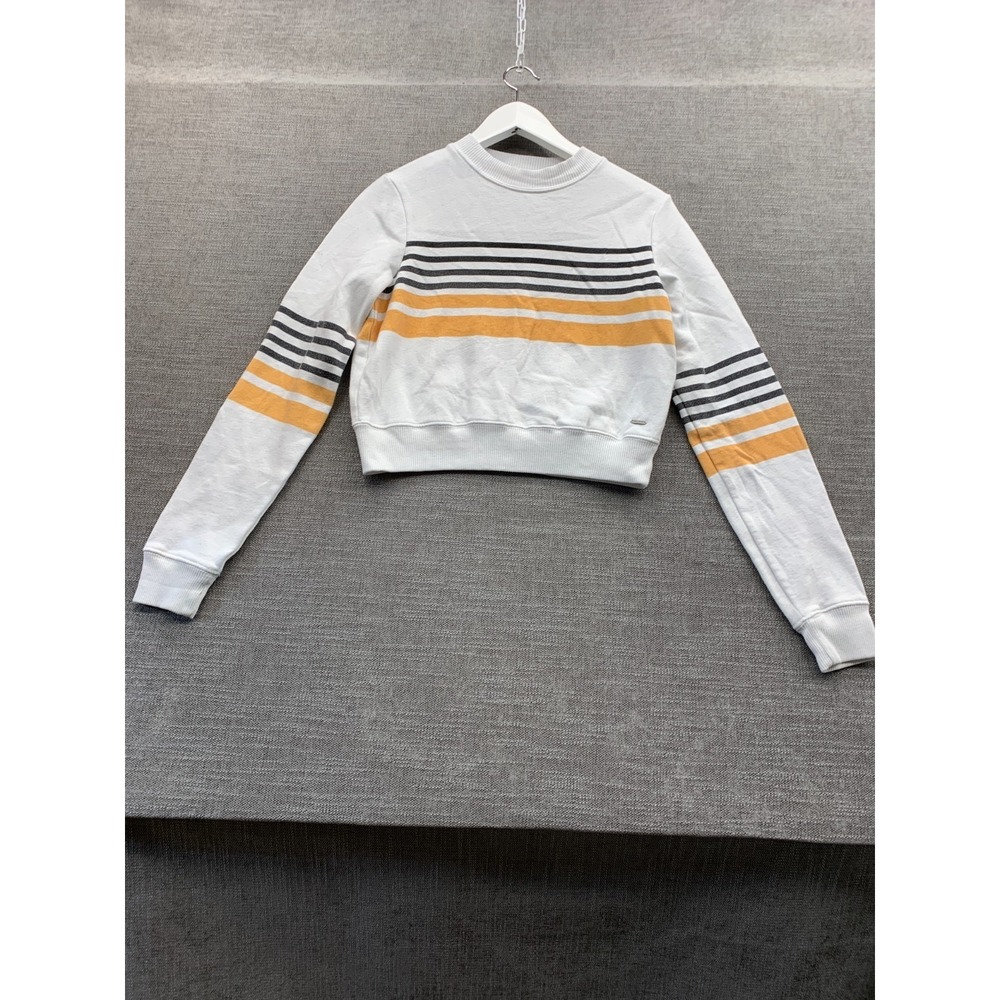 Hollister Cropped Sweatshirt Womens XS White Striped‎ Fleece Lined Ribbed Hem